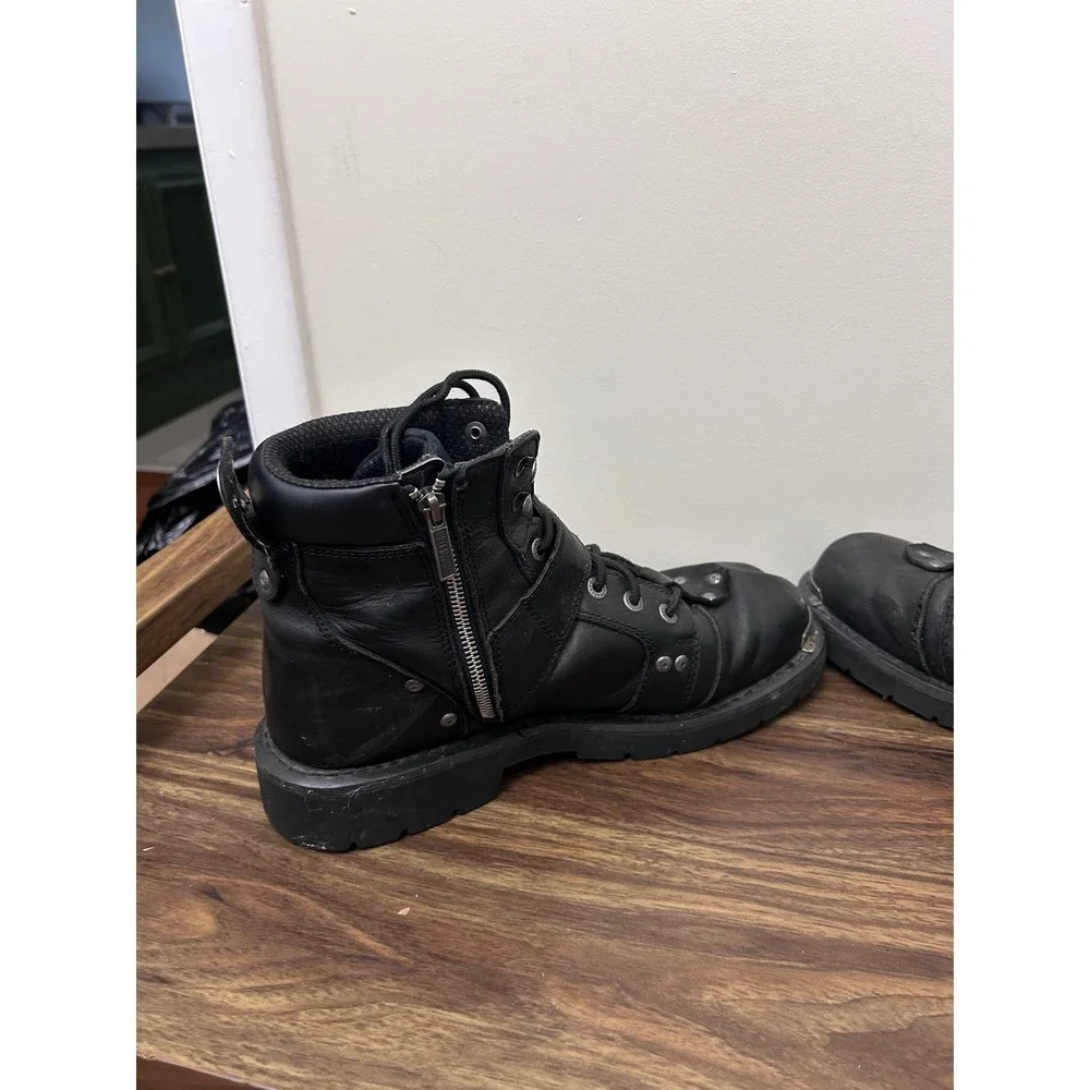 Harley Davidson Mens Black Leather Biker Boots Side Zip Buckle Moto Lug Sole